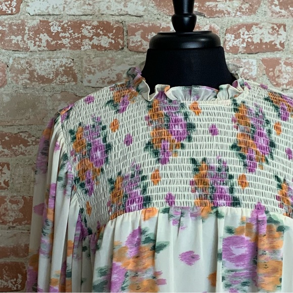 ENTRO Floral Blouse Large Cream Lavender Orange Smocked Semi-Sheer Boho - Picture 6 of 12